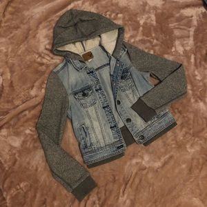 Denim jacket with gray hood and sleeves